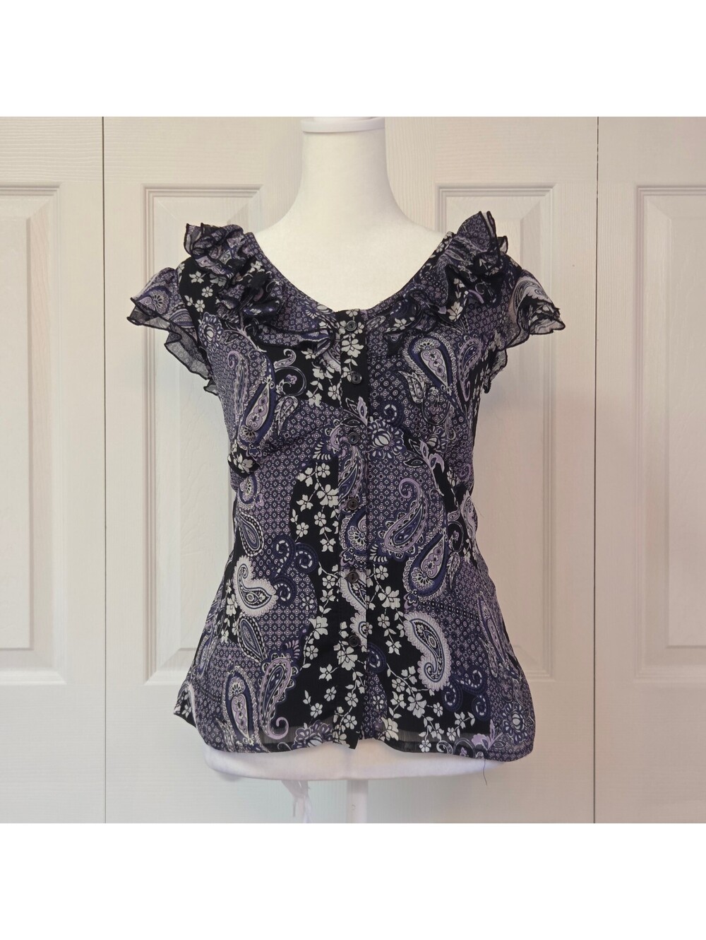 Vintage Y2K Black Purple Paisley Floral Ruffle Blouse Whimsigoth Fairy Babydoll